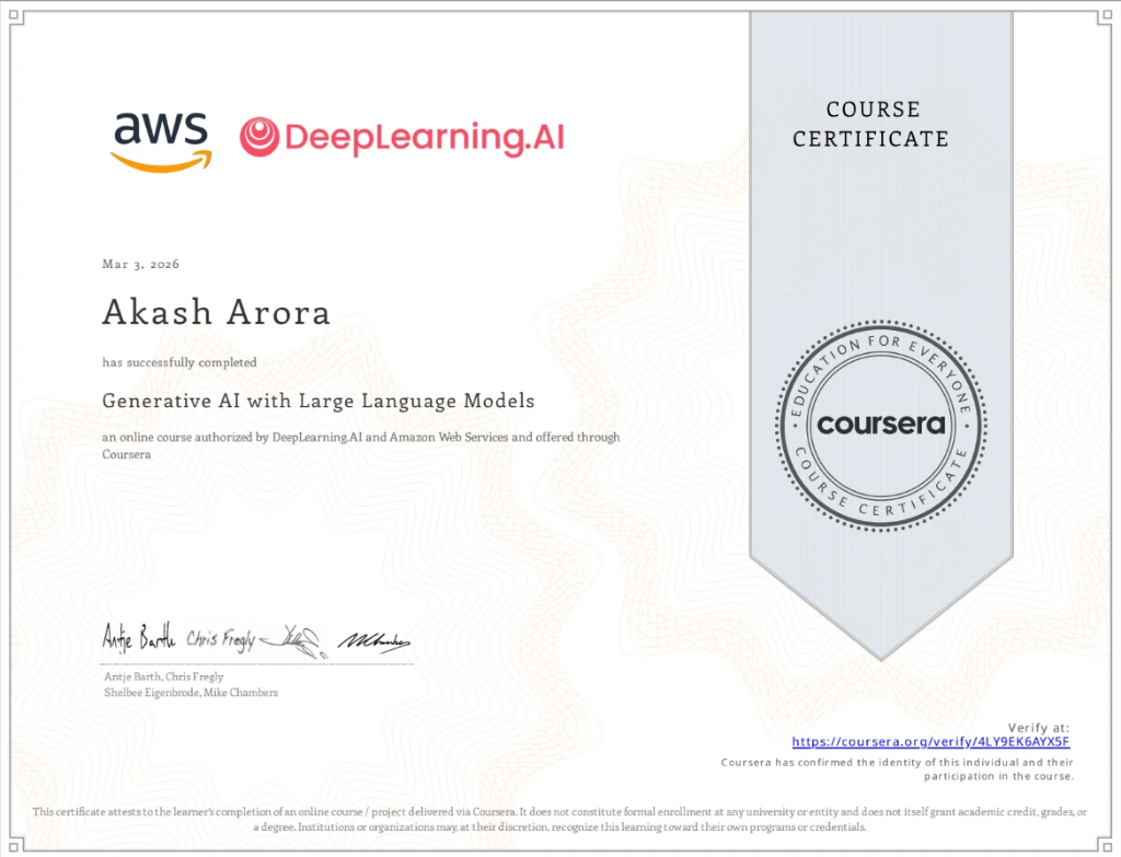 Generative AI with Large Language Models Certificate - Issued by AWS & DeepLearning.AI to Akash Arora