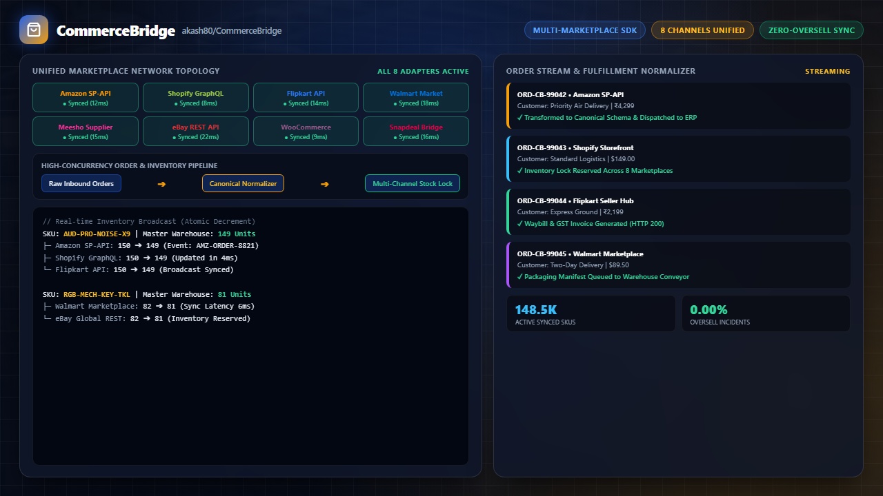 CommerceBridge SDK - Production-grade, open-source multi-marketplace e-commerce SDK unifying product, inventory, and order pipelines across Amazon, Flipkart, Shopify, Meesho, Snapdeal, WooCommerce, eBay, and Walmart.