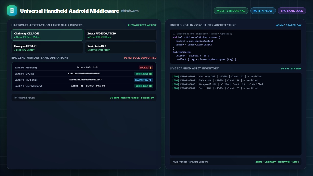 Universal Handheld Android Middleware - Universal open-source Android handheld RFID middleware featuring a multi-vendor HAL supporting Chainway, Zebra, Seuic, ATID & Honeywell devices with real-time inventory tables and EPC memory bank locking.